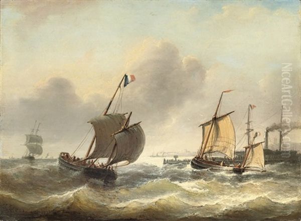 Full Sail On Choppy Waters Near A Harbour Entrance Oil Painting by Christian Cornelis Kannemans