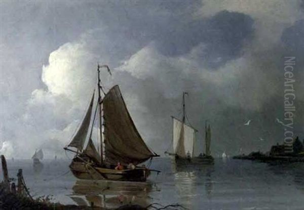 Fishing Boats Off A Coast Oil Painting by Christian Cornelis Kannemans