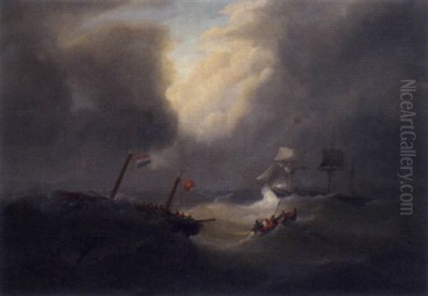 A Dismasted Vessel In A Heavy Gale Oil Painting by Christian Cornelis Kannemans