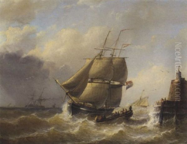 A Tallship On Choppy Water By A Lighthouse Oil Painting by Christian Cornelis Kannemans