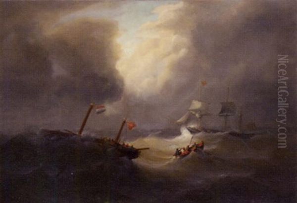 A Dismasted Vessel In A Heavy Gale Oil Painting by Christian Cornelis Kannemans