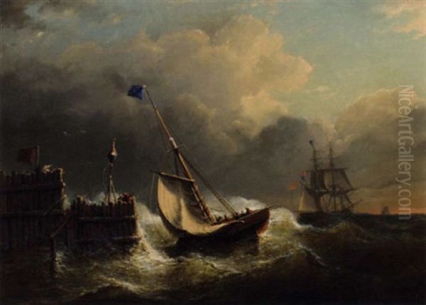 Sailing Vessels Near The Harbour Entrance At Dusk by Christian Cornelis Kannemans