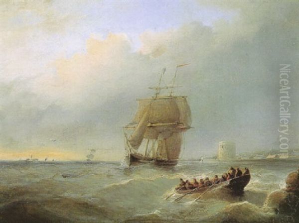 Vessels Off A Coastline At Sunset Oil Painting by Christian Cornelis Kannemans