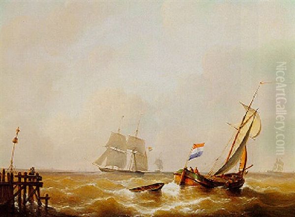 Dutch Sailing Vessels Offshore Oil Painting by Christian Cornelis Kannemans