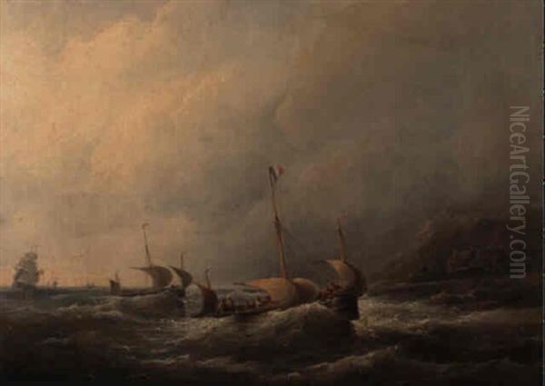 Fishing Vessels Off A Coast In A Stiff Breeze Oil Painting by Christian Cornelis Kannemans