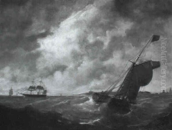 A Fishing Vessel On A Choppy Sea Off The Coast Oil Painting by Christian Cornelis Kannemans