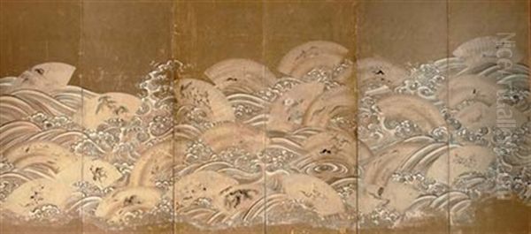 Folding Fans Floating On A Turbulent Stream Oil Painting by Chikanobu Kano