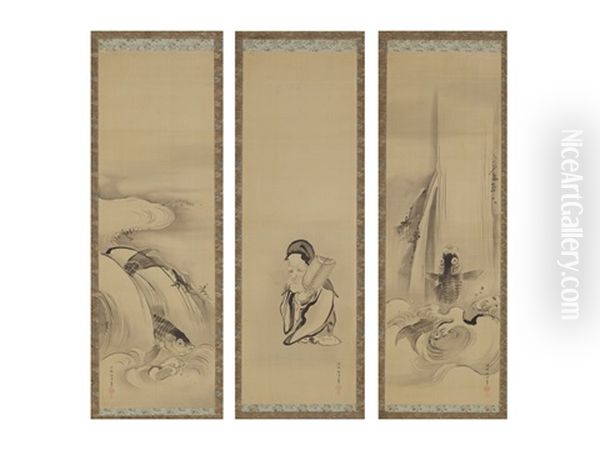 Carp/huku-jyuro/carp (a Set Of Three Scrolls) Oil Painting by Hidenobu Kano