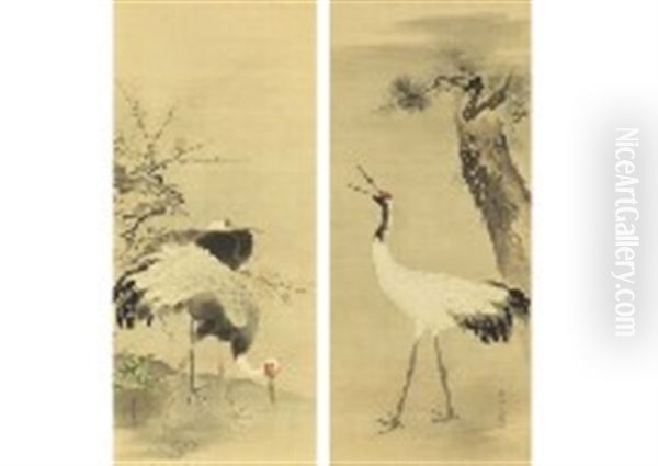 Pine, Bamboo And Plum And Crane(a Pair) Oil Painting by Hogai Kano