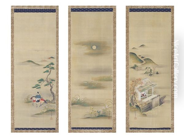 A Set Of Three Hanging Scrolls Oil Painting by Isen'in Naganobu Kano