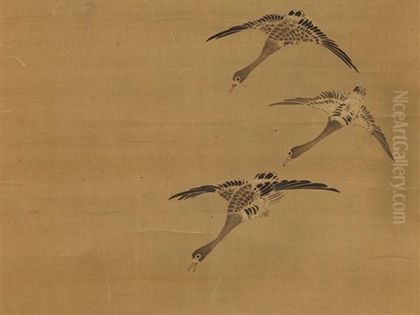 Geese And Flowers Oil Painting by Isen'in Naganobu Kano