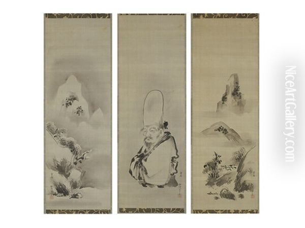 Sesshu-style To-ho-saku/landscape (set Of 3) Oil Painting by Isen'in Naganobu Kano