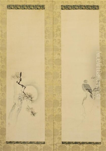 Bird On A Tree Branch And Moonlit Tree (2 Works) Oil Painting by Masunobu Kano