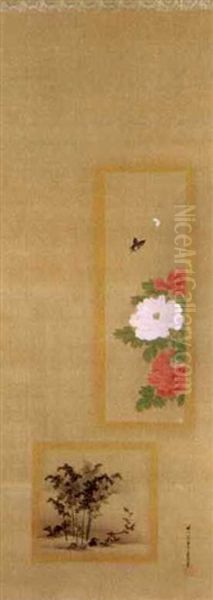 Peony, Butterflies And A Bamboo Grove (kakemono) Oil Painting by Osanobu Kano