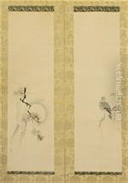 Bird On A Tree Branch; Moonlit Tree (2 Works) Oil Painting by Shosenin Masanobu Kano