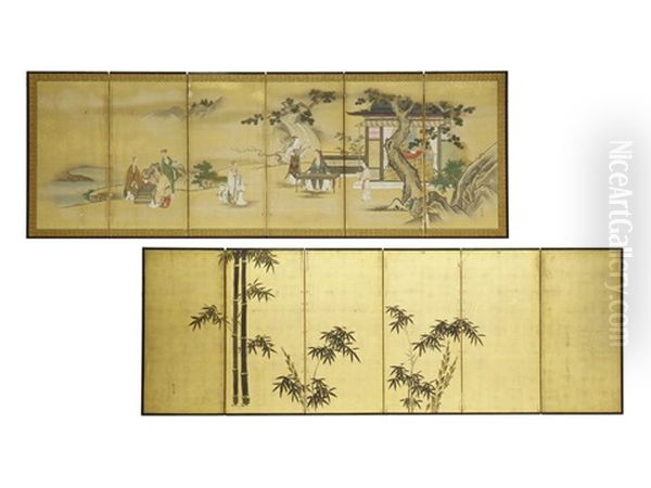 A Chinese Old Story And Banboo Six-fold Screen Oil Painting by Tansetsu Morisada Kano