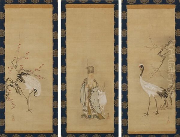 God Of Longevity (3 Works) Oil Painting by Tanshin Morimasa Kano