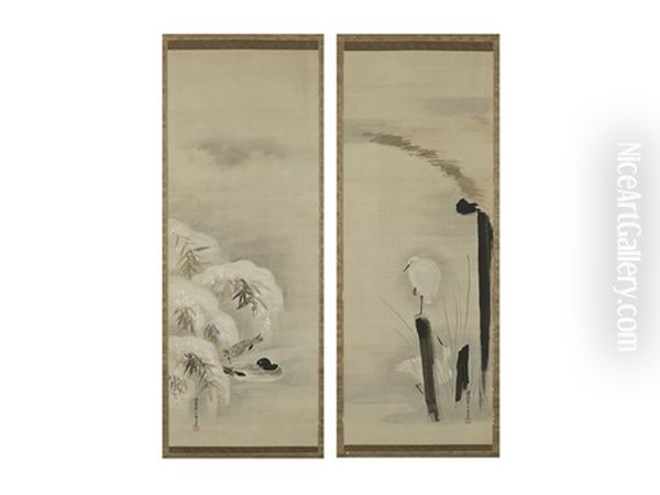 White Egret And Two Mandarin Duck (pair) Oil Painting by Tanshin Morimichi Kano