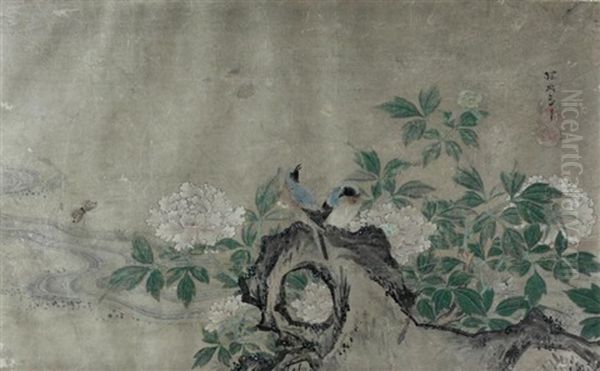 Blue Birds On Flowering Peony Oil Painting by Tanyu Kano