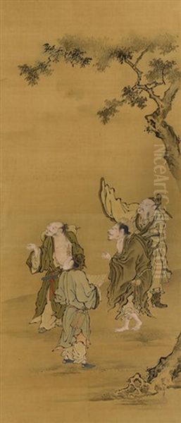 Immortals And Scholars Admiring A Waterfall (pair) Oil Painting by Tanyu Kano