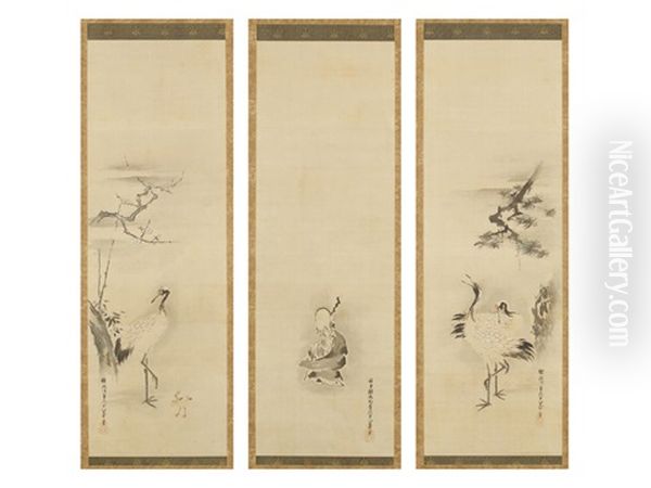 Pine And Crane/figure/plum-blossom, Bamboo And Young Crane (triptych) Oil Painting by Tanyu Kano