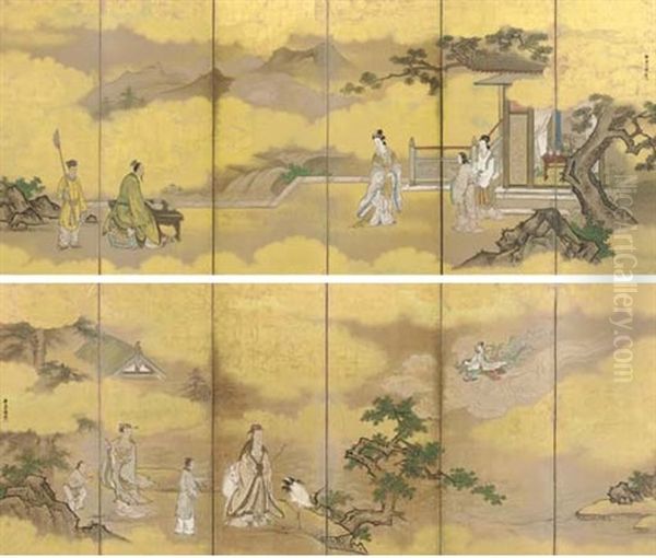 Chinese Immortals (pair Of Six-panel Screens) Oil Painting by Tanyu Kano