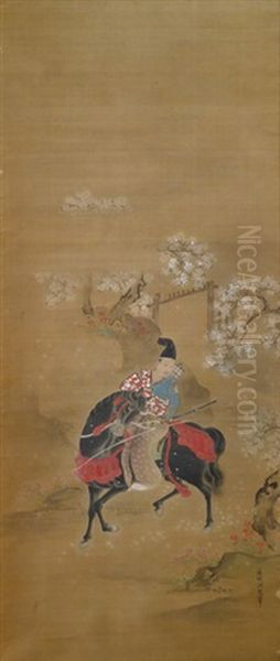 Malerei Eines Samurai Hoch Zu Ross Vor Einem Gartentor Mit Bluhenden Kirschbaumen Und Azaleen Oil Painting by Toshun Yoshinobu II Kano