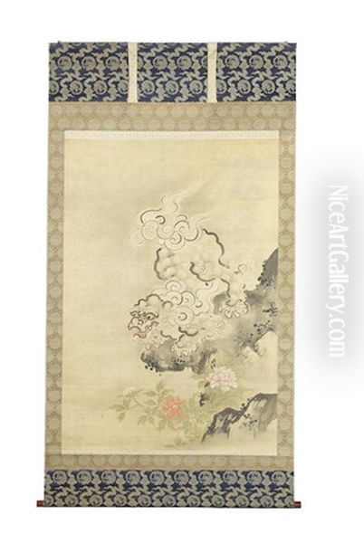 A Large Kakejiku (vertical Hanging Scroll) Oil Painting by Tsunenobu Kano