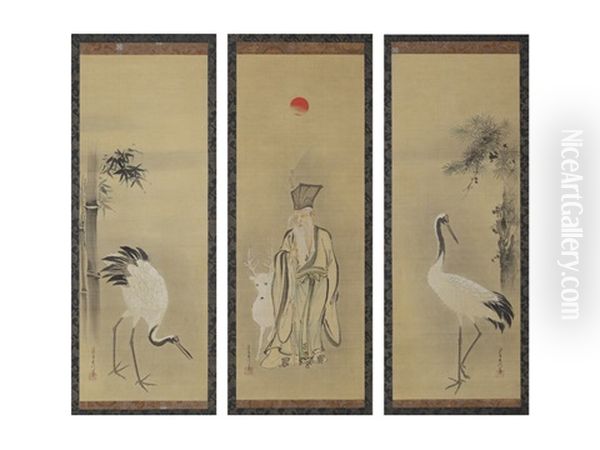 Bomboo And Crane/god Of Longevity/pine And Crane (a Set Of Three Scrolls) Oil Painting by Tsunenobu Kano