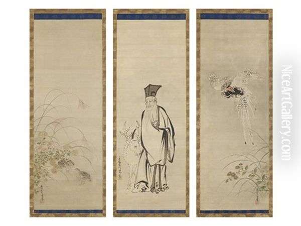 Pheasant / Figure / Quail (triptych) Oil Painting by Tsunenobu Kano