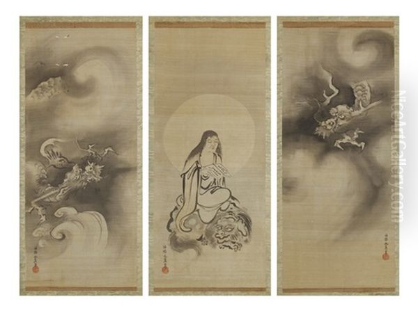 Figures And Dragons (triptych) Oil Painting by Yasunobu Kano