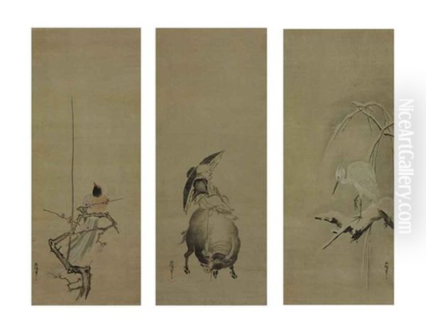 Magpie On Plum; Isei Zenshi On A Water Buffalo; Heron On Snow-covered Willow (triptych) Oil Painting by Yasunobu Kano