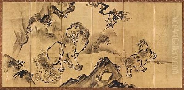 Chinese Lions (on 6 Panel Screen) Oil Painting by Eitoku Kano