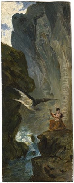 Adler In Einer Felsschlucht; Psyche Mit Dem Adler Des Jupiters Holt Wasser Aus Einer Zwischen Steilen Felsen Liegenden Quelle Oil Painting by Edmund Kanoldt