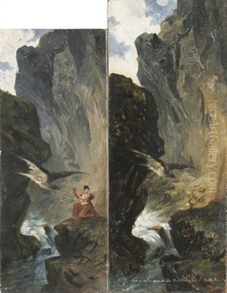 Psyche Holt Auf Befehl Der Venus Wasser Aus Dem Styx (+ Felsschlucht Mit Adler, Auf Einen Strauch Zufliegend; 2 Prelimin. Studies For Acht Wandbilder Zu Apulejus Marchen Amor Und Psyche) Oil Painting by Edmund Kanoldt