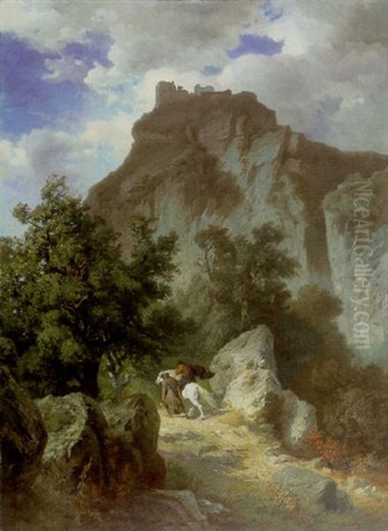 Canossa, Monch Und Reiter Auf Steinigem Pfad Zur Ruine Canossa Oil Painting by Edmund Kanoldt