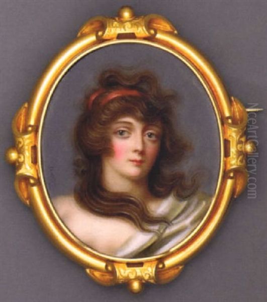 A Young Lady In Pale Green Silk Cloak Draped Over Her Left Shoulder, Red Ribbon In Her Long Flowing Brown Hair Oil Painting by Carl Christian Kanz