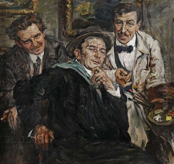 Die Drei Malerfreunde - Bildnis Eines Malers Mit Zwei Besuchern (self-portrait And Reinhold Nagele?) Oil Painting by Paul Kapell