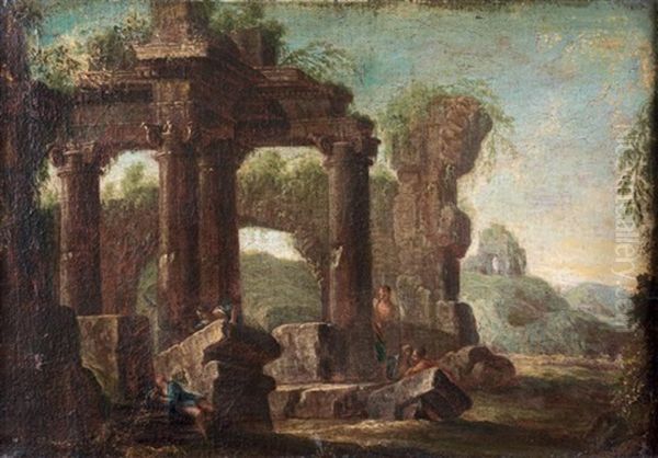 Cavalier Pres D'un Temple En Ruine Oil Painting by Josef Anton Kapeller the Younger