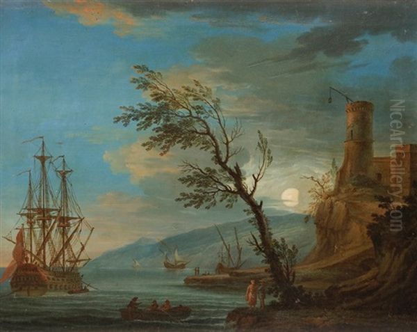 Port Au Clair De Lune Oil Painting by Jean Joseph Kapeller