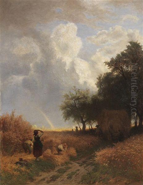 Der Gluckliche Moment - Vorbeiziehendes Unwetter Mit Regenbogen Bei Der Getreideernte Oil Painting by Albert Kappis