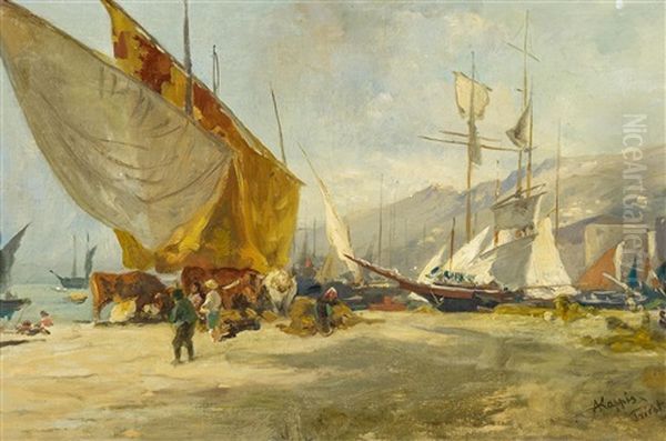 Anlandende Fischerboote Und Segler In Der Bucht Von Triest Oil Painting by Albert Kappis