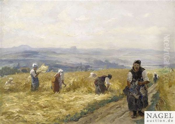 Grain Harvest In Swabian Landscape Oil Painting by Albert Kappis