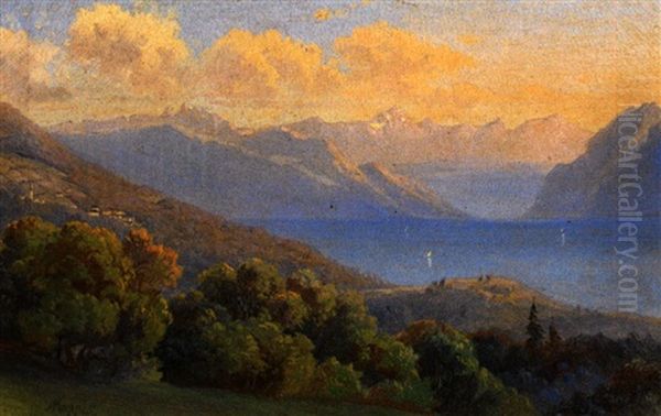 Sommerliche Alpenlandschaft Mit See Und Kirchdorf Oil Painting by Albert Kappis