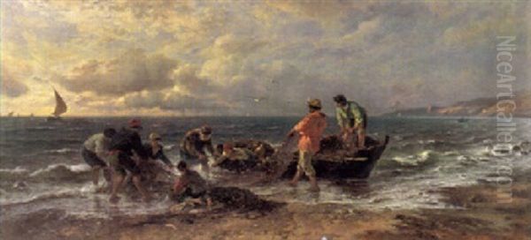 Fischer Mit Netzen Und Booten Am Strand Oil Painting by Albert Kappis