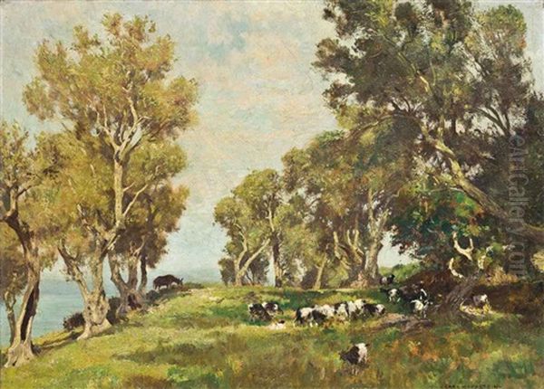 Cows In A Landscape Oil Painting by Carl Friedrich Kappstein