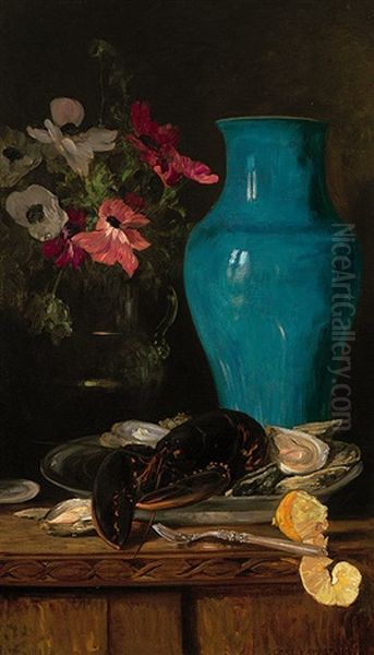 Stilleben Mit Meeresfruchten, Blauer Vase Und Blutenstraus, Meisterlich Arrangiert Oil Painting by Carl Friedrich Kappstein