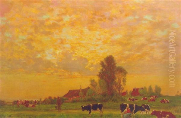 A Dutch Landscape With Cows In A Meadow At Sunset Oil Painting by Carl Friedrich Kappstein