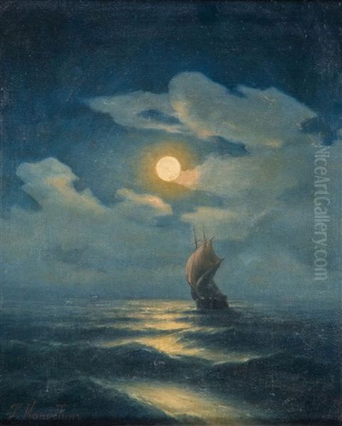 Sailing Ship On Night Sea Oil Painting by Grigorij Kapustin