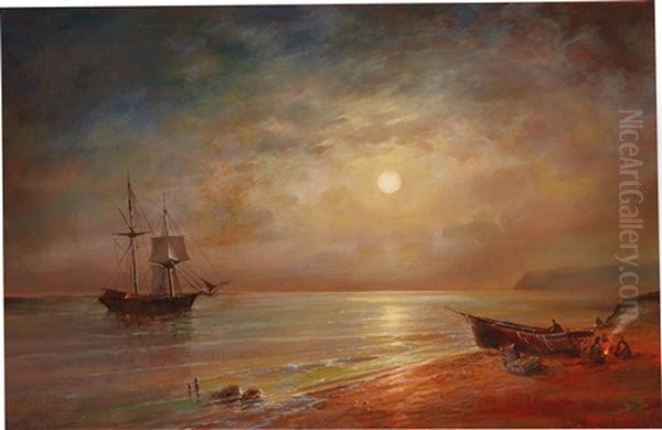 Moonlit Night Over A Coastal Landscape Oil Painting by Grigorij Kapustin